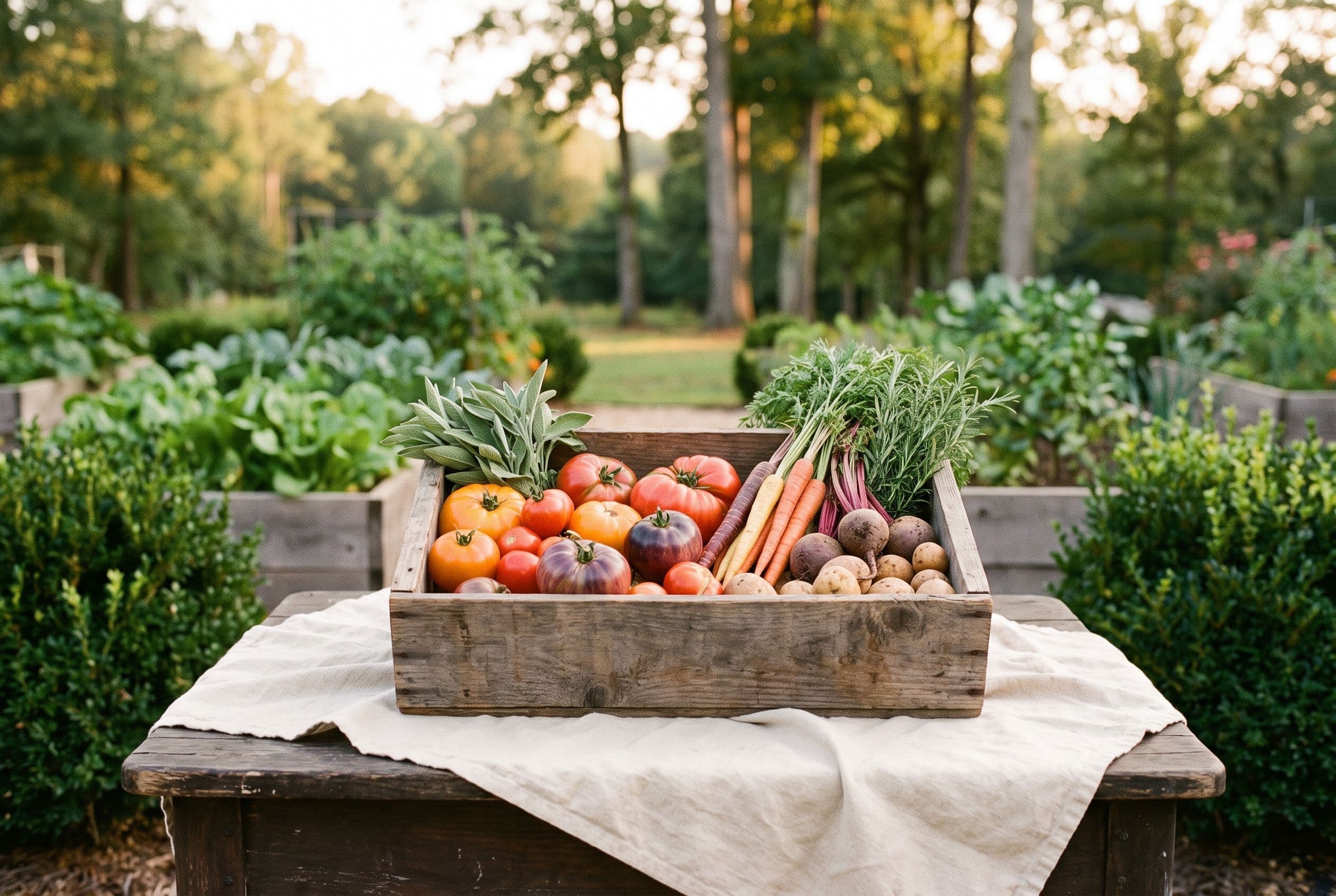 Freshly harvested vegetables and herbs in a wooden crate beside a lush Georgia kitchen garden