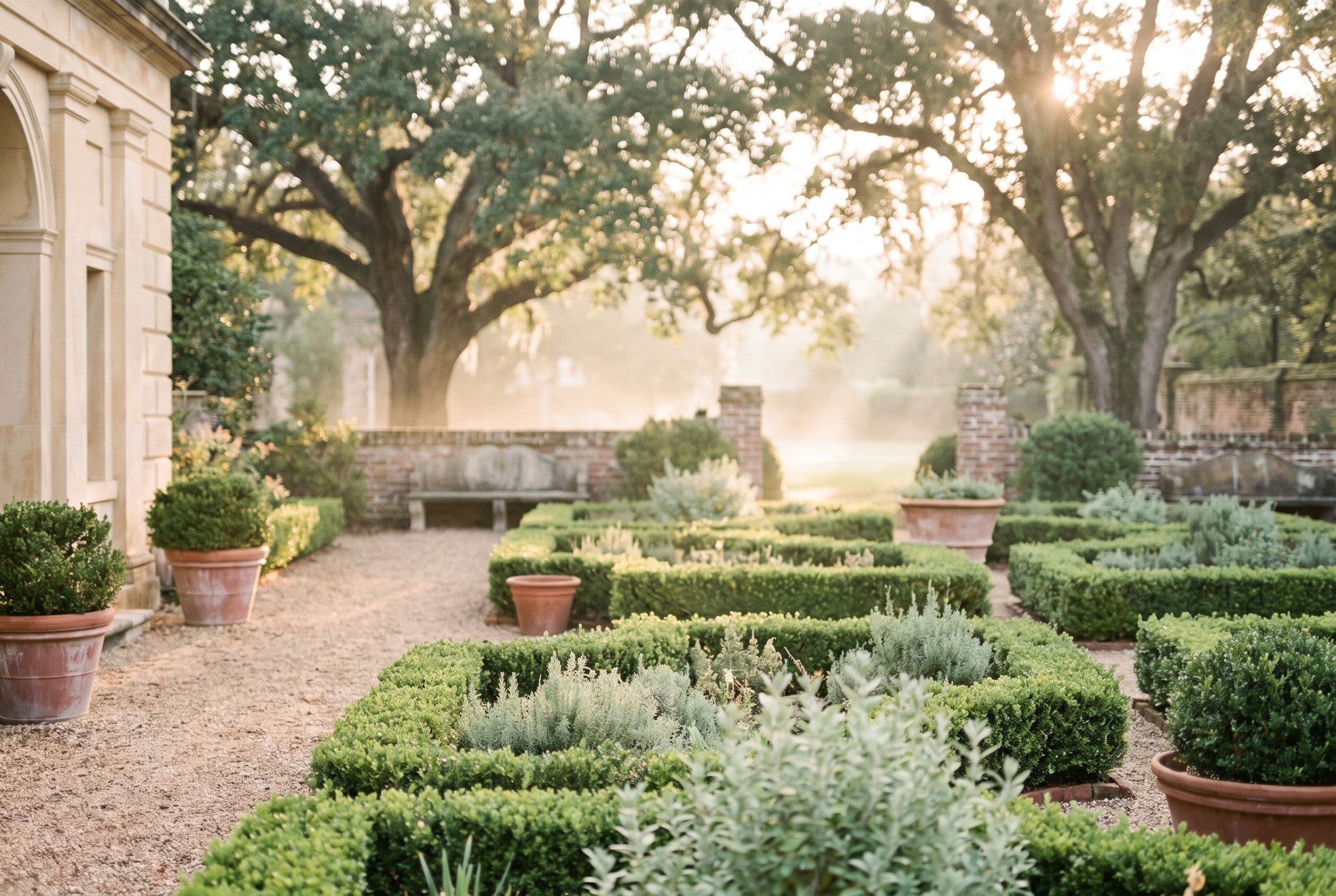 Historic Southern estate gardens with manicured boxwood parterres at golden hour