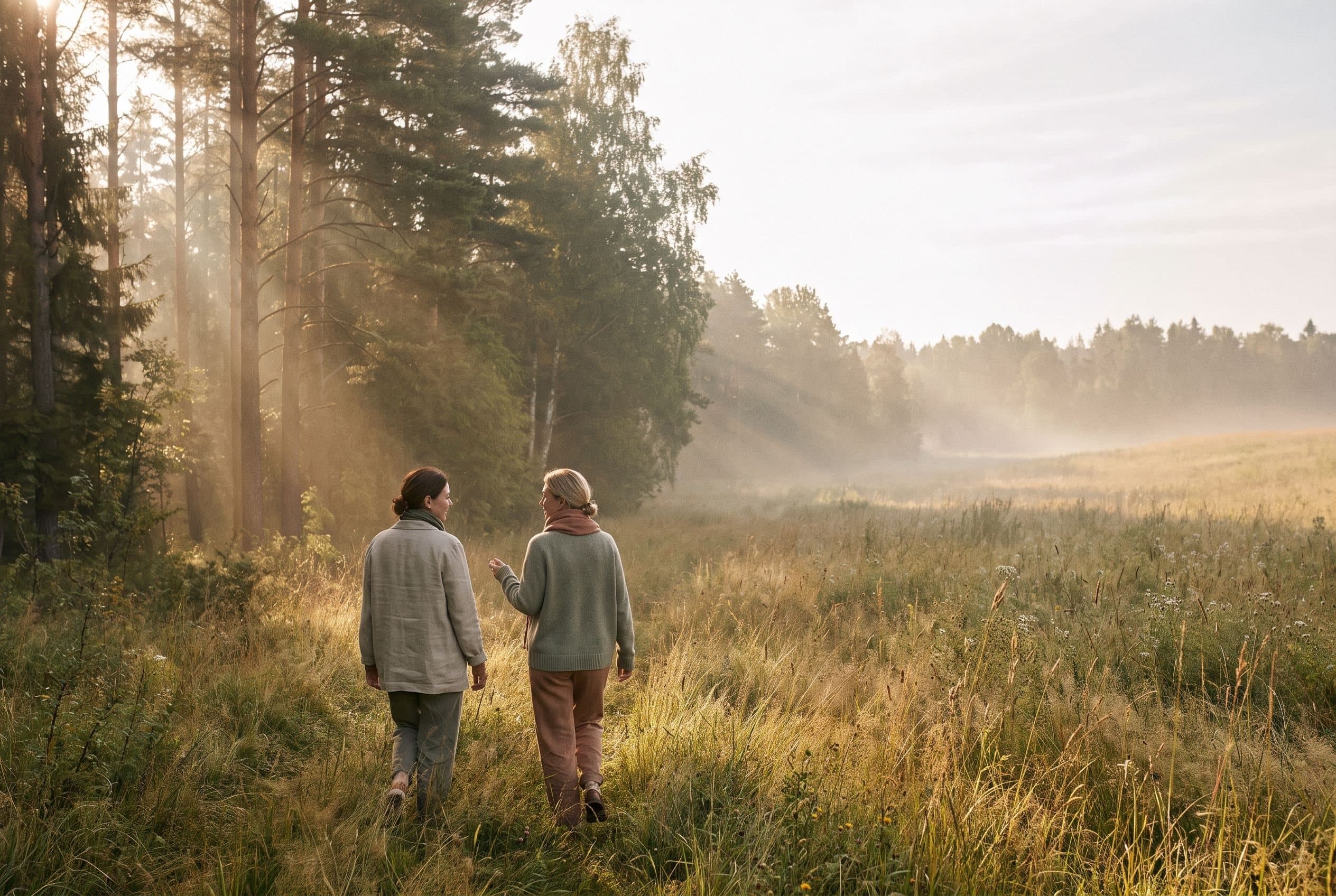 Two women in their mid-40s walking from a misty Georgia woodland into a sunlit meadow at sunrise