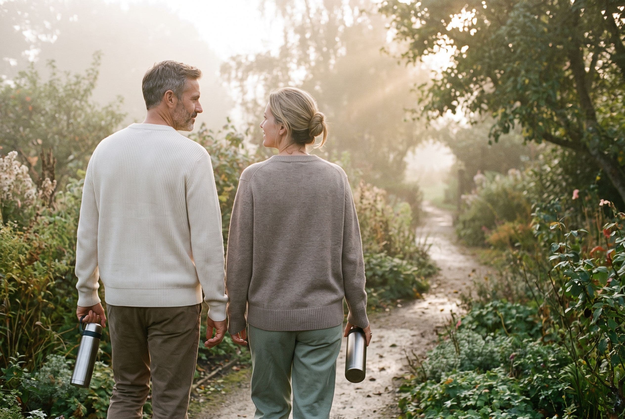 Two guests in their mid-40s walking a misty morning garden trail with insulated thermoses, seen from behind