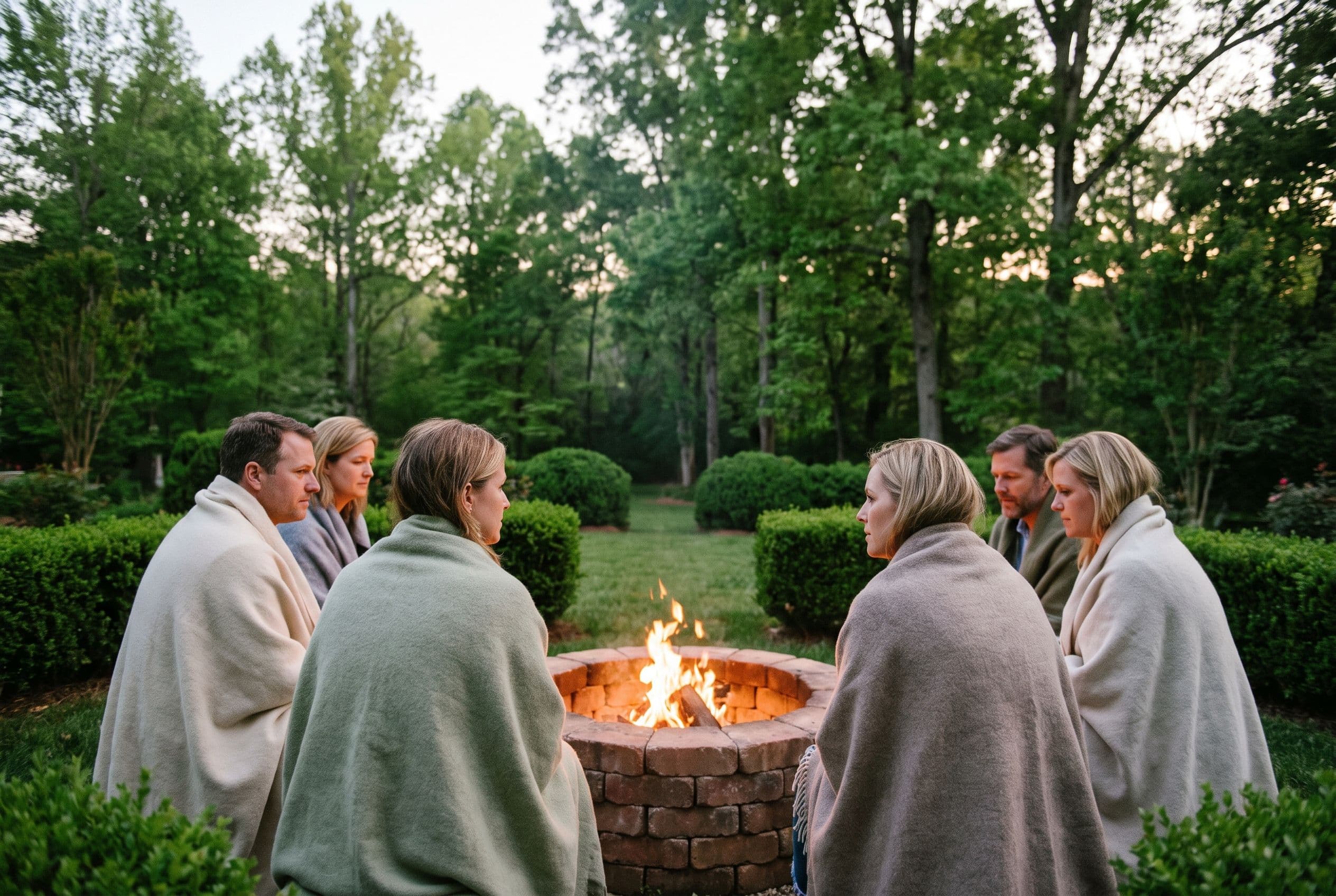 Guests wrapped in blankets around a brick fire pit at dusk in a Georgia garden