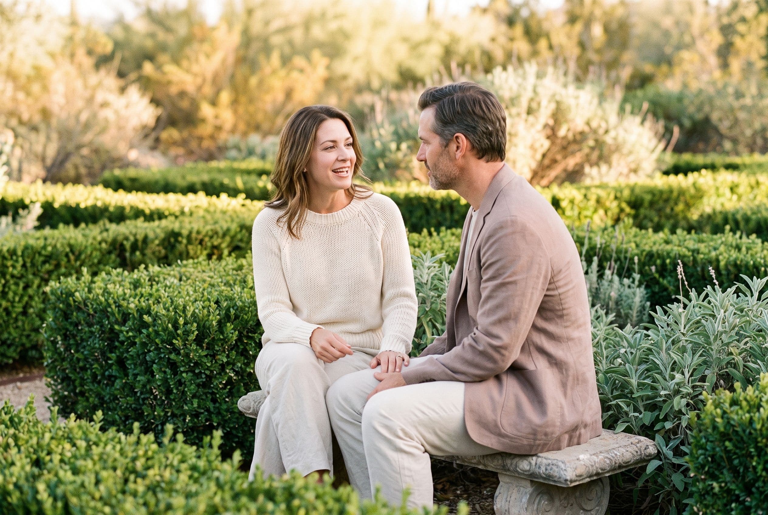 A woman laughing in three-quarter view and a man listening in profile on a stone garden bench among boxwood, sage, and lavender