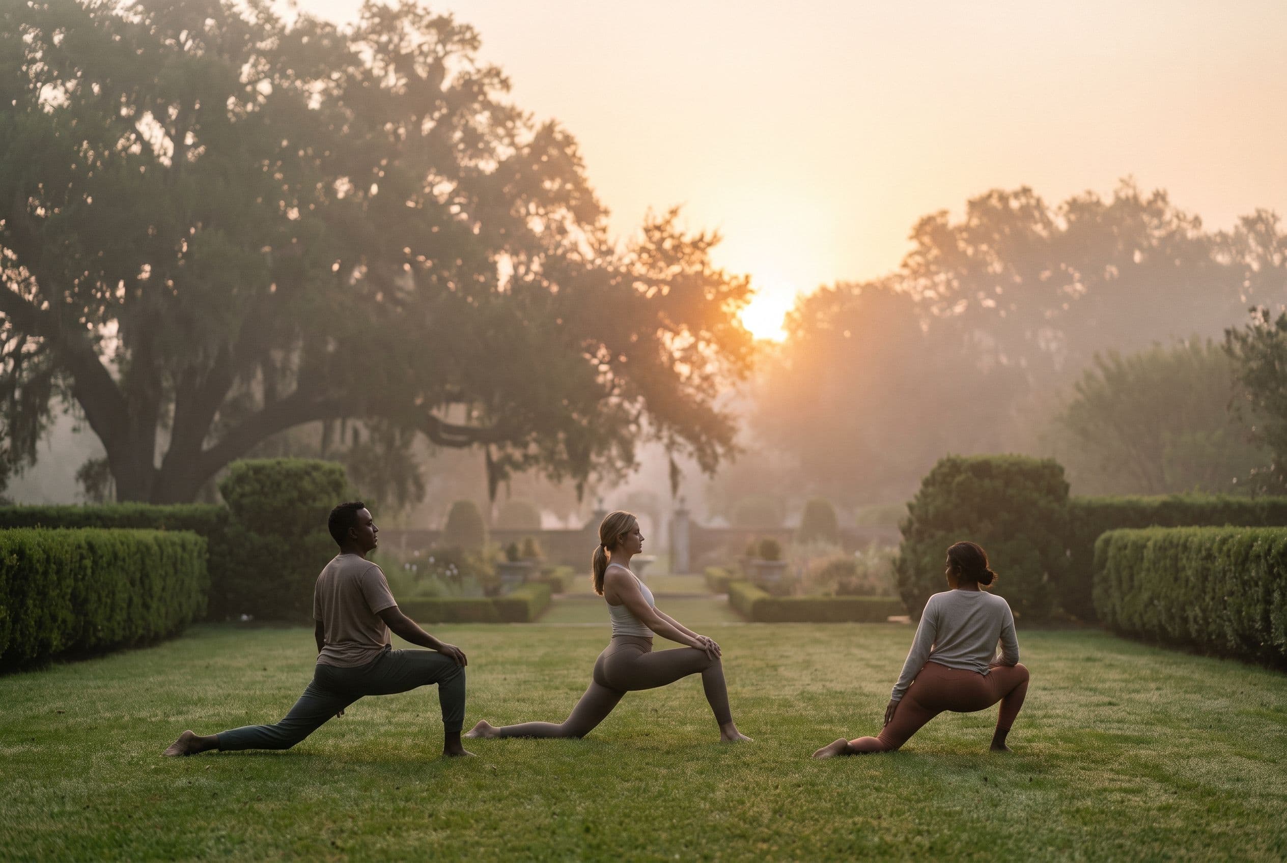 Three guests in gentle yoga on a green lawn beside formal Southern gardens and live oaks at sunrise
