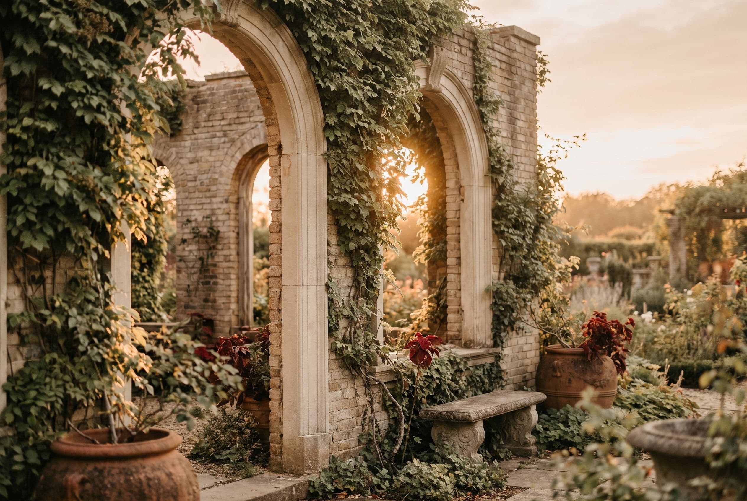 Ivy-covered historic brick manor ruins with stone arches in a garden at golden hour