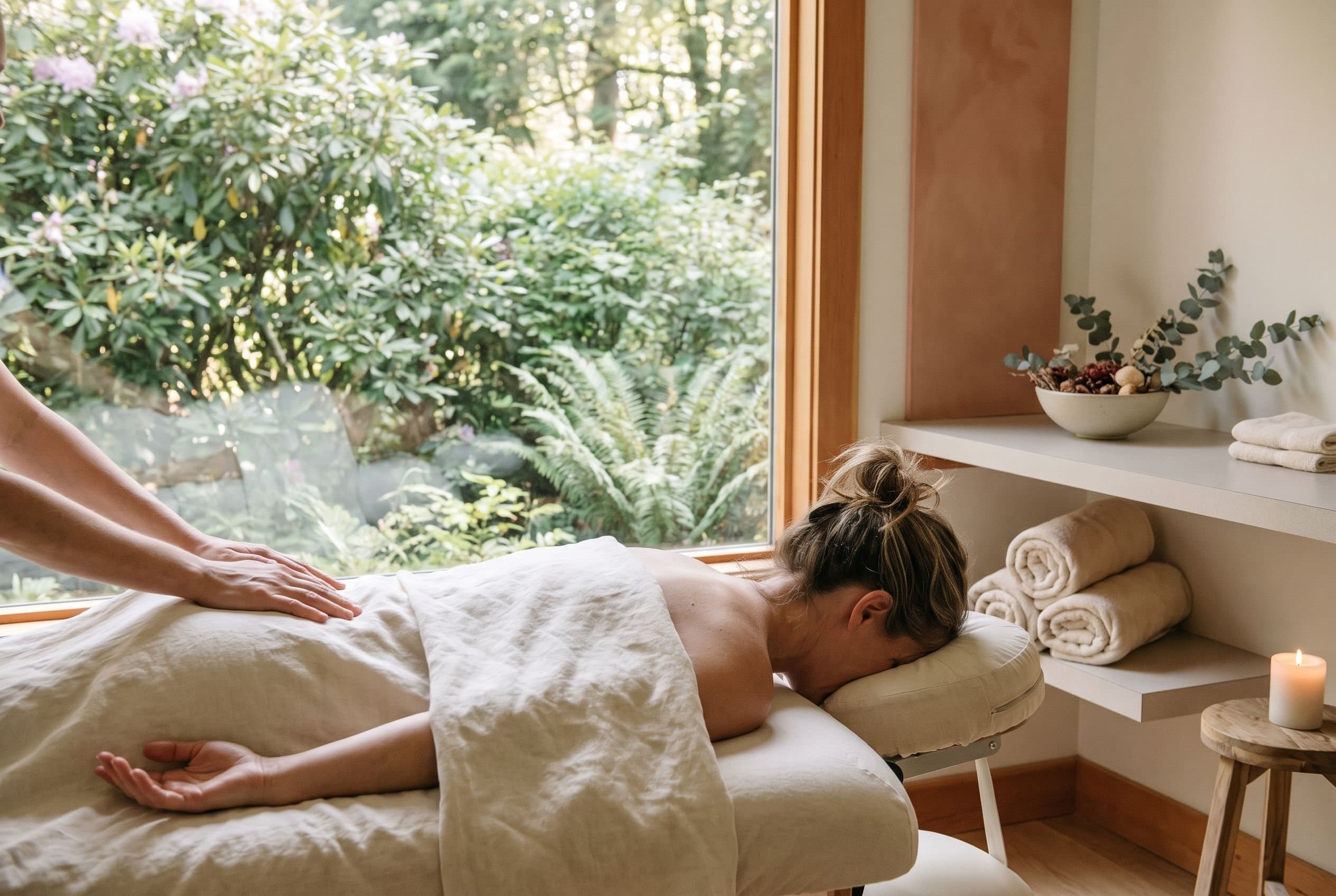 A guest receiving a relaxing massage in a light-filled spa room overlooking the Barnsley gardens