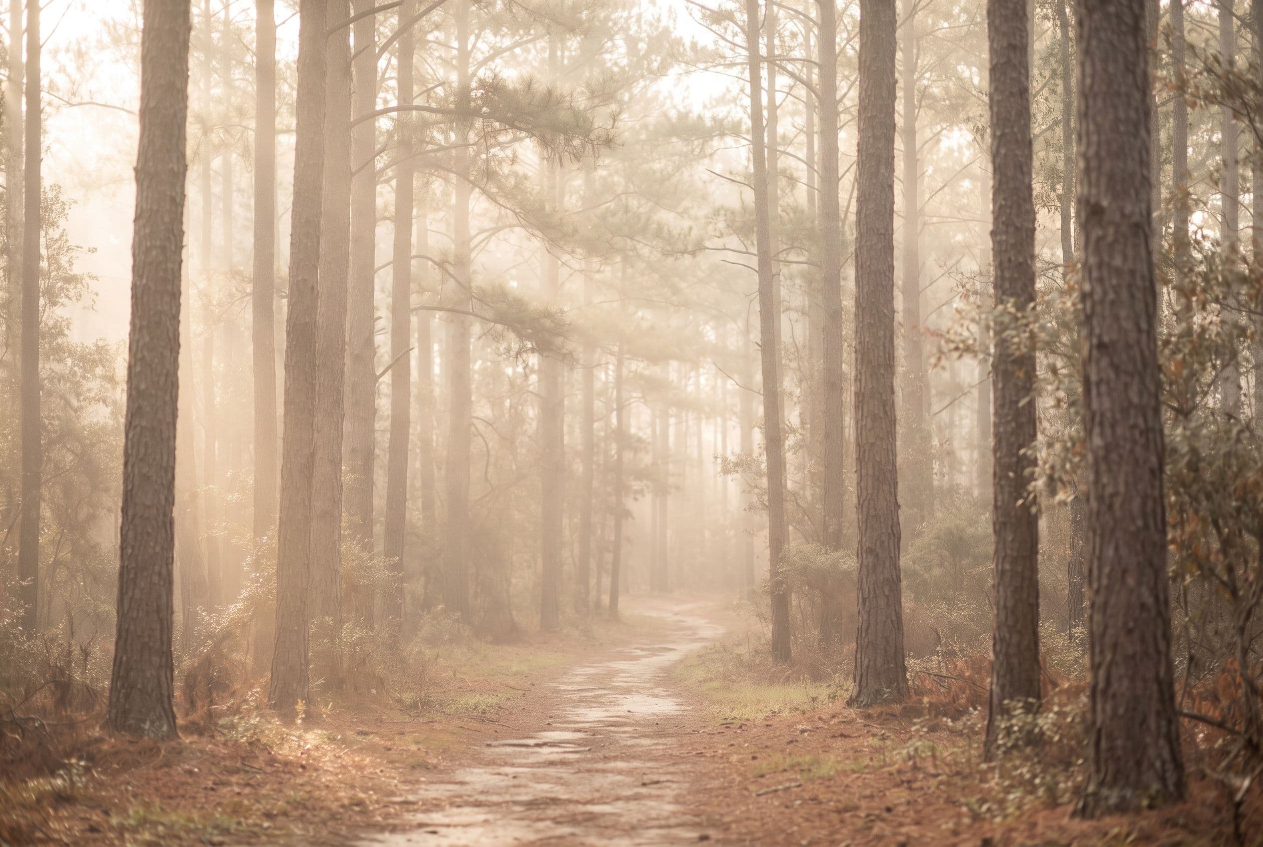 Quiet woodland trail through Georgia pines in golden morning fog